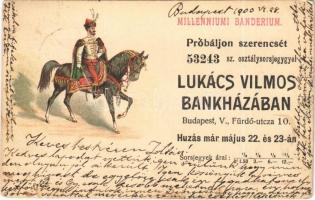1903 Próbáljon szerencsét 53243 sz. osztálysorsjeggyel Lukács Vilmos Bankházában! Budapest, Fürdő utca 10. Ezredéves Kiállítás Milleniumi Banderium litho lapja