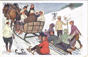 1916 Téli sport művészlap, lószánnal, szánkózók / Winter sport art postcard. Horse drawn sled with sleighing people. B.K.W.I. 820-5. s: Fritz Schönpflug