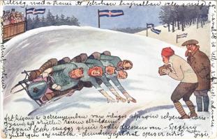 1916 Téli sport művészlap, irányítható bobszán / Winter sport art postcard. Controllable bob sleigh. B.K.W.I. 820-2. s: Fritz Schönpflug