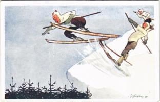 Téli sport művészlap, síelő baleset / Winter sport art postcard, skiing accident. B.K.W.I. 560-1. s: Fritz Schönpflug
