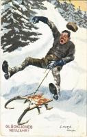1914 Téli sport művészlap, szánkó baleset / Glückliches Neujahr! / Winter sport, sledding accident s: O. Merté