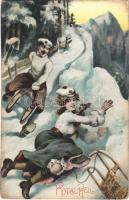 Téli sport művészlap, szánkó baleset / Rodel-Heil! / Winter sport, sledding accident. Heliocolorkarte von Ottmar Zieher