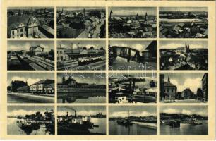 Komárom, Komárnó; mozaiklap, vonat, hajó / multi-view postcard, train, ship