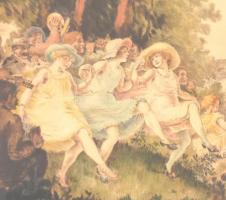 Prihoda István (1891-1965): Majális. Színezett rézkarc, papír, jelzett. Üvegezett fa keretben, 25×32...