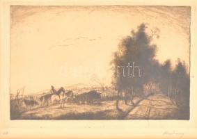 Rudnay Gyula (1878-1957): Tájkép lovakkal. Rézkarc, papír, jelzett. Üvegezett fa keretben. 13,5×21,5 cm