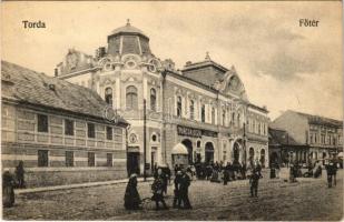 Torda, Turda; Fő tér, Turcza Géza üzlete, Bethleni műmalom liszt főraktára, Gyógyszertár, piac. Füssy József kiadása / main square, shop, flour warehouse, pharmacy, market vendors