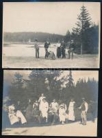 cca 1890 Családi fotók a fenyvesben, 2 db vintage fotó, egyik felületén karcolásnyom, 11,5x17 cm