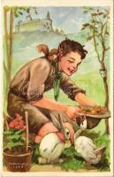 A cserkész szereti a természetet, jó az állatokhoz és kíméli a növényeket. Cserkész levelezőlapok kiadóhivatala / Hungarian boy scout art postcard s: Márton L.