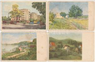 4 db MODERN magyar városképes művészlap az 50-es évekből / 4 MODERN Hungarian town-view art postcards from the 50s