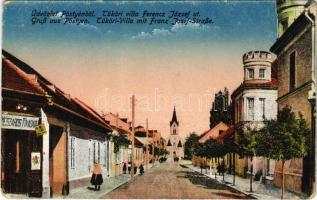 1918 Pöstyén, Pistyan, Piestany; Tüköri villa, Ferenc József út, Mészáros Tivadar üzlete / villa, street view, shop (EM)