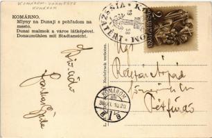 1938 Komárom, Komárno; Mlyny na Dunaji s pohladom na mesto / Dunai malmok a város látképével, úszó v...