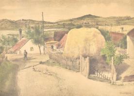 Dudás Jenő (1902-1991): Tihanyi csúcshegy. Színezett rézkarc, papír, foltos, jelzett, üvegezett keretben, 28×38 cm