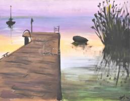 Jelzés nélkül: Balatoni naplemente. Olaj, vászon, 40×50 cm
