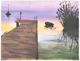 Jelzés nélkül: Balatoni naplemente. Olaj, vászon, 40×50 cm