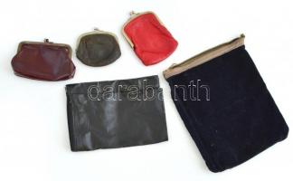 5 db régi pénztárca (bőr, lakk), kopottas állapotban, 8x9,5 és 23x18 cm közötti méretekben