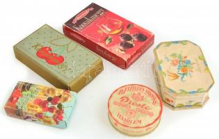 5 db retro bonbonos doboz, közte Duna Csokoládégyár, Szerencsi konyakmeggy, Droste pastilles stb., 13x7x3 cm és 11x15,5x5,5 cm