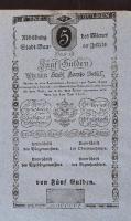 Bécs 1806. Udvari leirat a Bécsi városi bankócédulák 5G-es névértékének kibocsátásáról, a bankjegy leírásával, és a korábbi kiadású bankjegy bevonásáról német nyelven. A mellékletben a bankjegy formuláréjával, merített papír alapú lapon, rendkívül szép állapotban megőrizve. / Vienna 1806. Royal Announcment about the issue of the 5 Gulden banknote, with description of the new and ingathering of old banknotes in german language. Appendix with the Formulare of the new banknote. In exceptionally well preserved condition.
