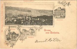 1900 Zwönitz, Kirche, Bahnhof, Rathhaus / church, railway station, town hall. Bruno Breitfeld 2292. Art Nouveau, floral (EK)