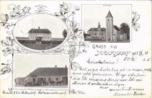 1903 Seibersdorf, Schloss, Kirche, Gemeinde, Gasthaus / castle, church, town hall, restaurant and hotel. Art Nouveau, floral