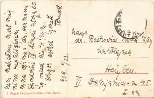 1909 Budapest, Bleriot repülőgép a Lánchíd felett, "Vámház az alsó állomástól" tábla