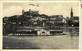 1938 Pozsony, Pressburg, Bratislava; Podhradie / látkép, vár, Orel lapátkerekes ingahajó, gőzhajó / general view, castle, shuttle boat, steamship (Rb)