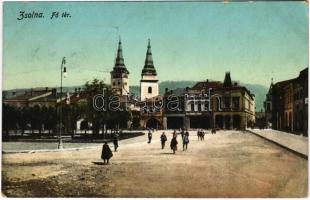 1912 Zsolna, Zilina; Fő tér, üzletek. Schwarcz Vilmos kiadása / main square, shops (EK)