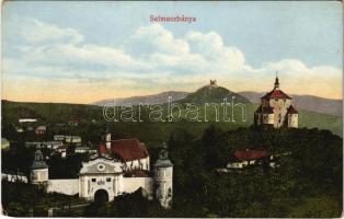 Selmecbánya, Schemnitz, Banská Stiavnica; Piargská brána, Novy zámok, Kalvária / Hegybányai (Szélaknai) kapu, Piargi kapu, Leányvár, Kálvária. Joerges A. kiadása / city gate, castle, calvary (EK)