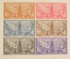 Gross Arnold (1929-2015): Kis karácsony. Színes rézkarc, papír. Jelzett, próbanyomat. Lap szélén nag...