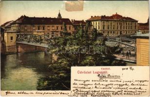 1905 Lugos, Lugoj; Vashíd, üzlet, uszoda. Nemes Kálmán kiadása / bridge, shop, swimming pool (ragasztónyom / glue mark)