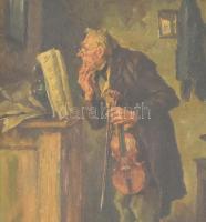 Jelzés nélkül: A tanakodó hegedűs. Olaj, vászon. Fa keretben. Hátoldalán "Copie nach Best"...