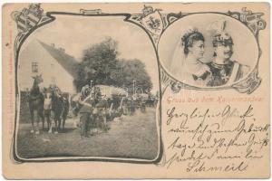 1900 Gruss aus dem Kaisermanöver / Greeting from the German royal military maneuvers, supply convoy (train). Wilhelm II and his wife Augusta Victoria of Schleswig-Holstein. Art Nouveau (EK)