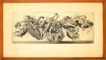 Hertay Márta (1932-2018): Virágváza. Rézkarc, papír, jelzett, üvegezett keretben, 23,5×62 cm