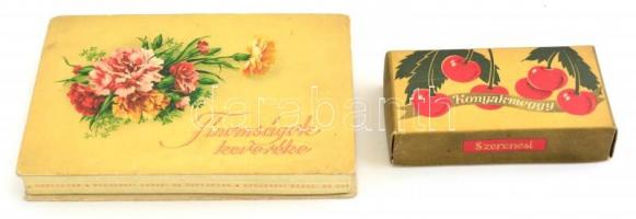 Konyakmeggy papírdoboz, 7×13×3 cm + Finomságok keveréke édesség papírdoboz, 13,5×20×2,5 cm
