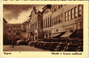 1942 Ungvár, Uzshorod, Uzhhorod, Uzhorod; Korona szálloda, Cikta, Kovács üzlete, automobilok / hotel, shops, automobiles (EK)