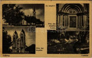 1943 Lébény, Evangélikus templom, Római katolikus templom és kapuja, víz részlet (Rb)