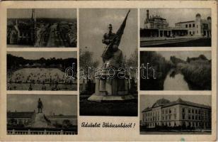 1944 Békéscsaba, Vasútállomás, Hősök szobra, strand (EB)