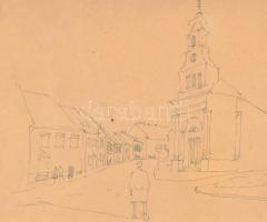 Jelzés nélkül: Utcarészlet. Tus, papír, kartonra kasírozva, üvegezett fa keretben, 14x19 cm