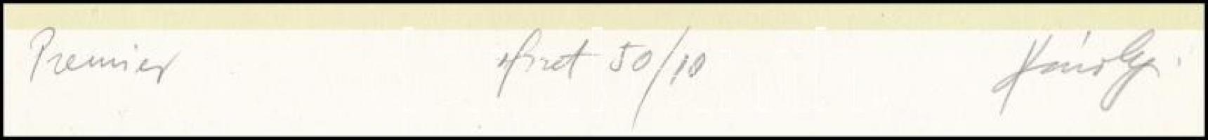 Károlyi András (1938-): Premier. Ofszet, papír, jelzett, számozott (50/10), 11×22,5 cm