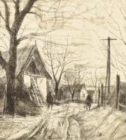 Élesdy István (1912-1987): Falusi utca. Rézkarc, papír, jelzett a karcon jobbra lent, lap széle kiss...