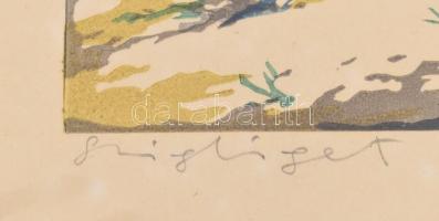 Török Endre (1926-1980): Szigliget. Színes linómetszet, karton, jelzett, 21×26 cm