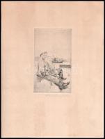 Dombrovszky László (1894-1984): Pihenő munkások. Rézkarc, papír, jelzett. Lap széle és hátoldala kissé foltos. 16x9,5 cm
