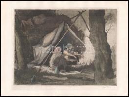 Zádor István (1882-1963): Táborozók. Színezett rézkarc, papír, jelzett, lap széle kissé sérült, 20×26,5 cm