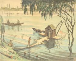 Conrád Gyula (1877-1959): Halászok a Dunán. Színes rézkarc, papír, jelzett, lap szélén apró szakadásokkal és kissé foltos. 27,5×37 cm