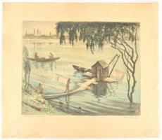 Conrád Gyula (1877-1959): Halászok a Dunán. Színes rézkarc, papír, jelzett, lap szélén apró szakadás...