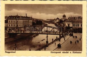 Nagyvárad, Oradea; Körösparti részlet a Kishíddal, lovaskocsi / Cris river, bridgehorse-drawn carriage