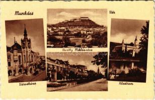 Munkács, Mukacheve, Mukacevo; városháza, Horthy Miklós utca, vár, klastrom / town hall, street, castle, monastery