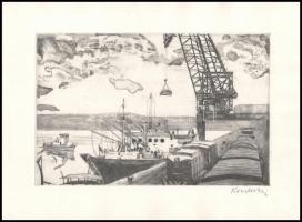 Kondor Lajos (1926-2006): Hajók rakodása a kikötőben. Rézkarc, papír, jelzett, 19×29 cm