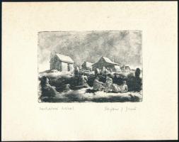 Tarjáni Simkovits Jenő (1895-1995): Sashalmi házak. Rézkarc, papír, jelzett. Hátoldalán MNG baráti köre pecséttel. Lap széle kissé foltos. 10×14 cm