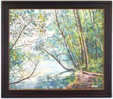 Orvos András (1939-): Vízpart II. Olaj, farost, jelzett. Hátoldalán Képcsarnok Vállalat címkéjével. ...