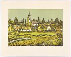 Réti Mátyás (1922-2002): Falu. Színes linómetszet, karton, jelzett és számozott (67/100), 24×33 cm